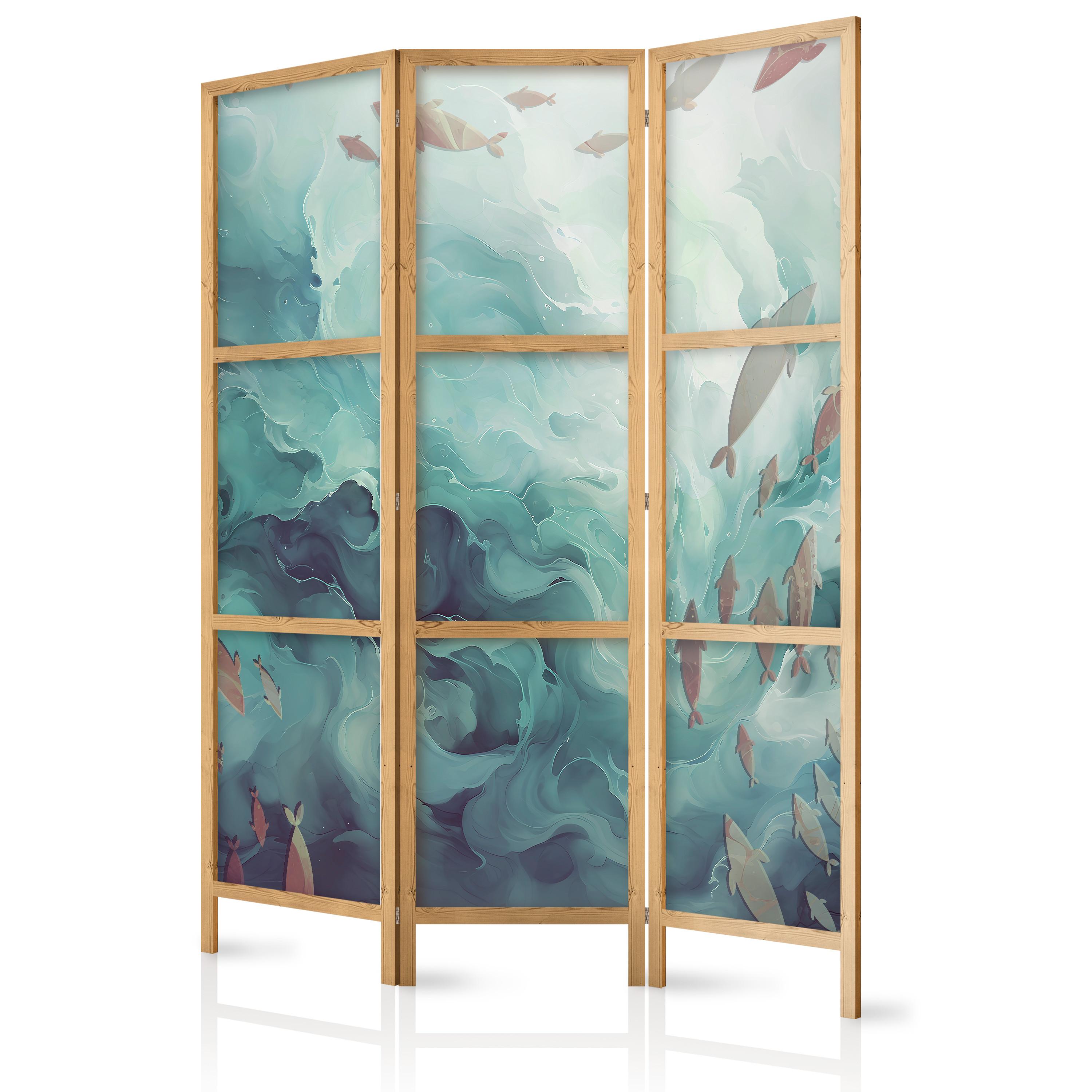 PARAVENT Japanischer 3-tlg 135x172 cm Fische im Meer - Grün, Holz/Textil (135/172/3cm) - Muralo