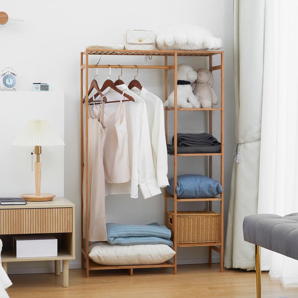KLEIDERSTÄNDER Garderobenständer mit Kleiderstange, Schuhablag, Regal, Garderobe - Naturfarben, Holzwerkstoff (30/145/90cm) - HOMCOM