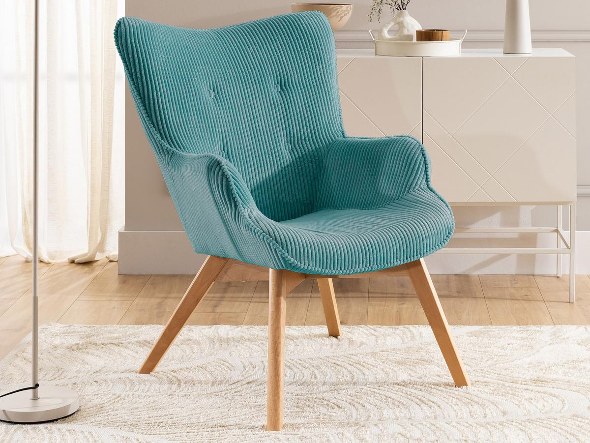 LOUNGESESSEL mit Fußhocker Lenari Türkis Cordstoff mit Füßen in Natur - Türkis/Naturfarben, Holz/Textil (71/96/86cm) - S-Style Möbel