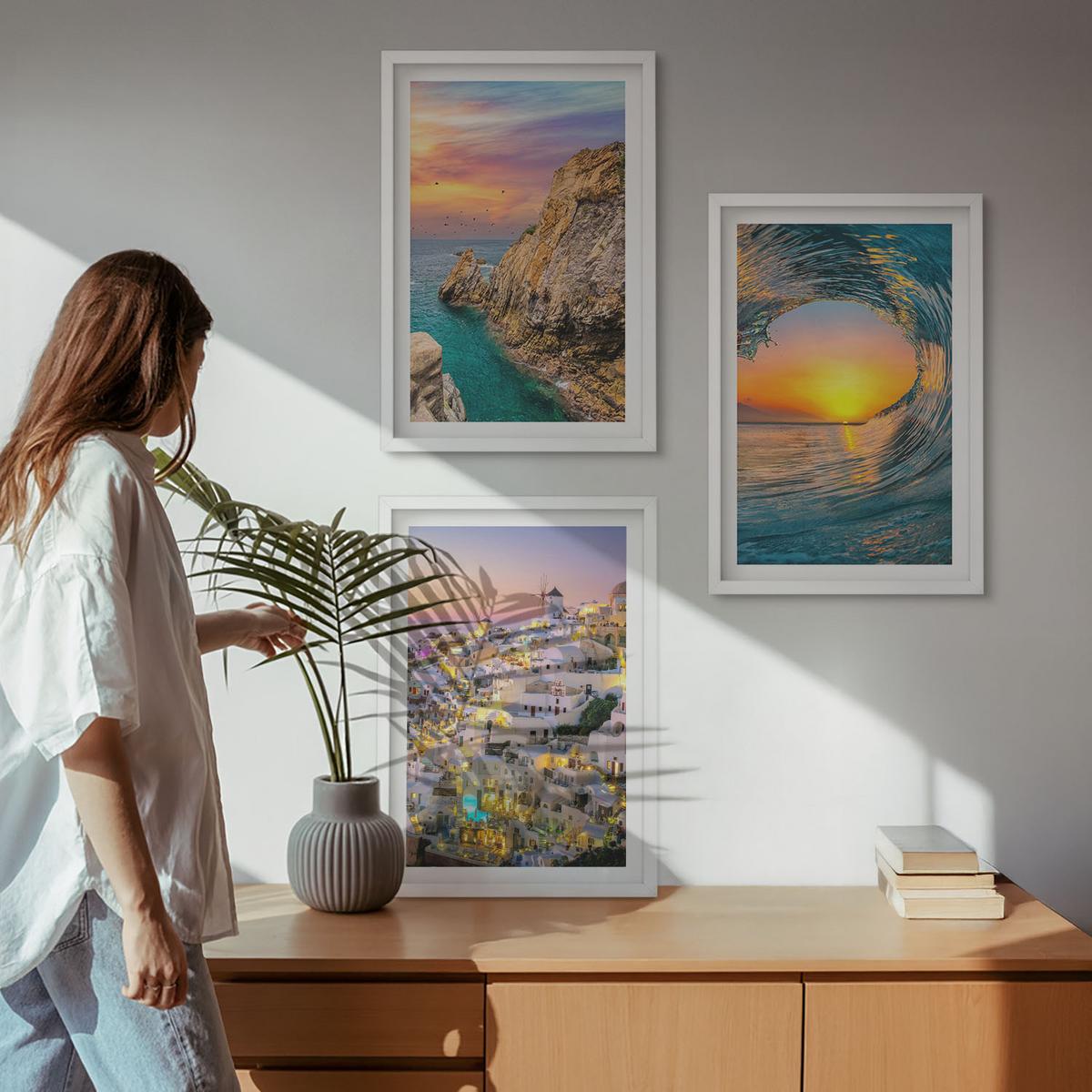 BILDER SET 3er Set - 40x60 cm Weißer Rahmen - Meereswellen, weiße Häuser, Santorini - Weiß, Kunststoff (40/60cm) - TULUP