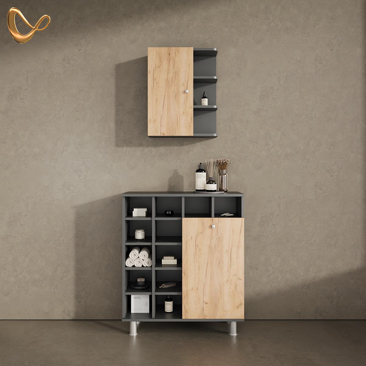 BADSCHRANK Fucino Anthrazit/Goldkraft Eiche 78.4 x 91.6 cm - Honigeiche/Anthrazit, Holzwerkstoff (78.4/91.6/34cm) - Livinity®