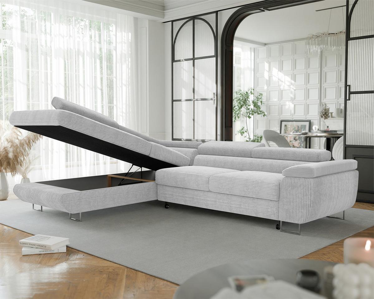 ECKSOFA ANTON links, mit Schlaffunktion und Bettkasten Hellgrau - Chromfarben/Hellgrau, Textil/Metall (274/203cm) - Idohome