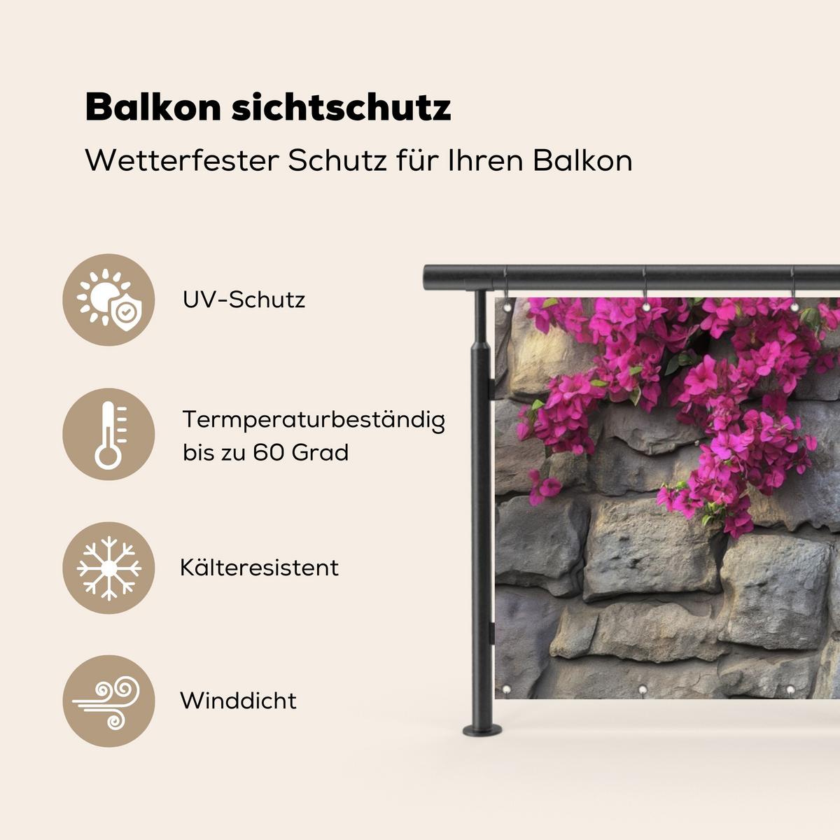 BALKON-SICHTSCHUTZ Bougainvillea - Steinmauer - Rosa Balkon Deko 300x110 cm - Magenta, Kunststoff (300/110cm) - MuchoWow