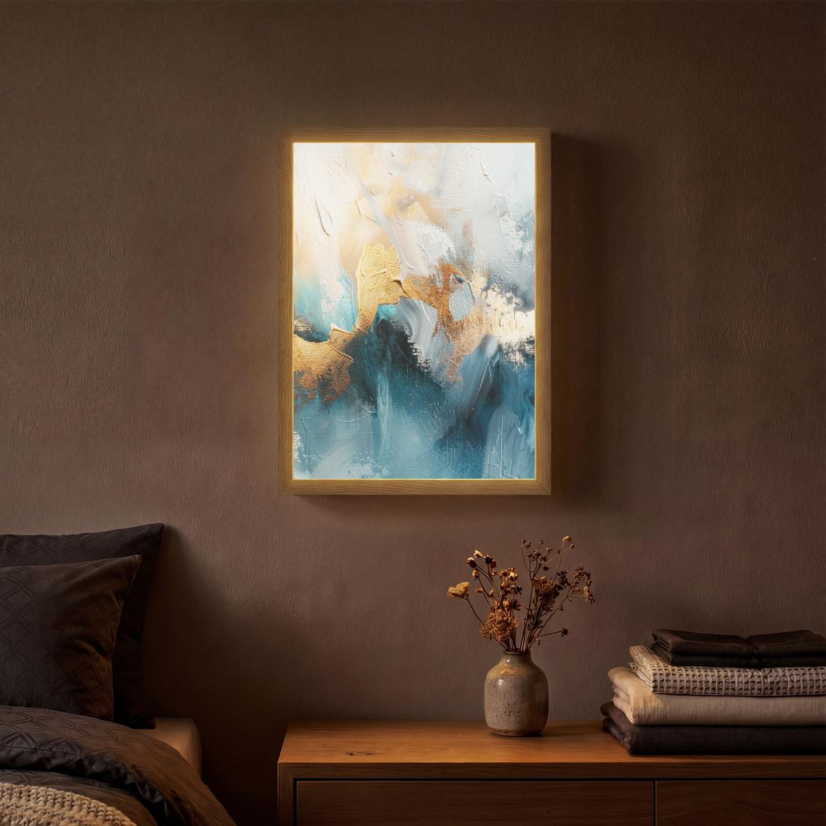 WANDLEUCHTE MIT AKKU Abstrakt - Kunst - Gold - Blau 30x40 cm - Türkis, Holzwerkstoff (30/40/8cm) - OnlyWow