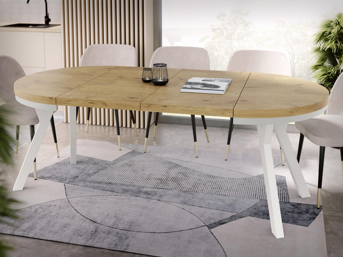 ESSTISCH Lume Weiß runder ausziehbarer, Lancelot Eiche 100-200/100/76 cm - Eichefarben/Weiß, Holz/Holzwerkstoff (100/200/76cm) - WFL GROUP