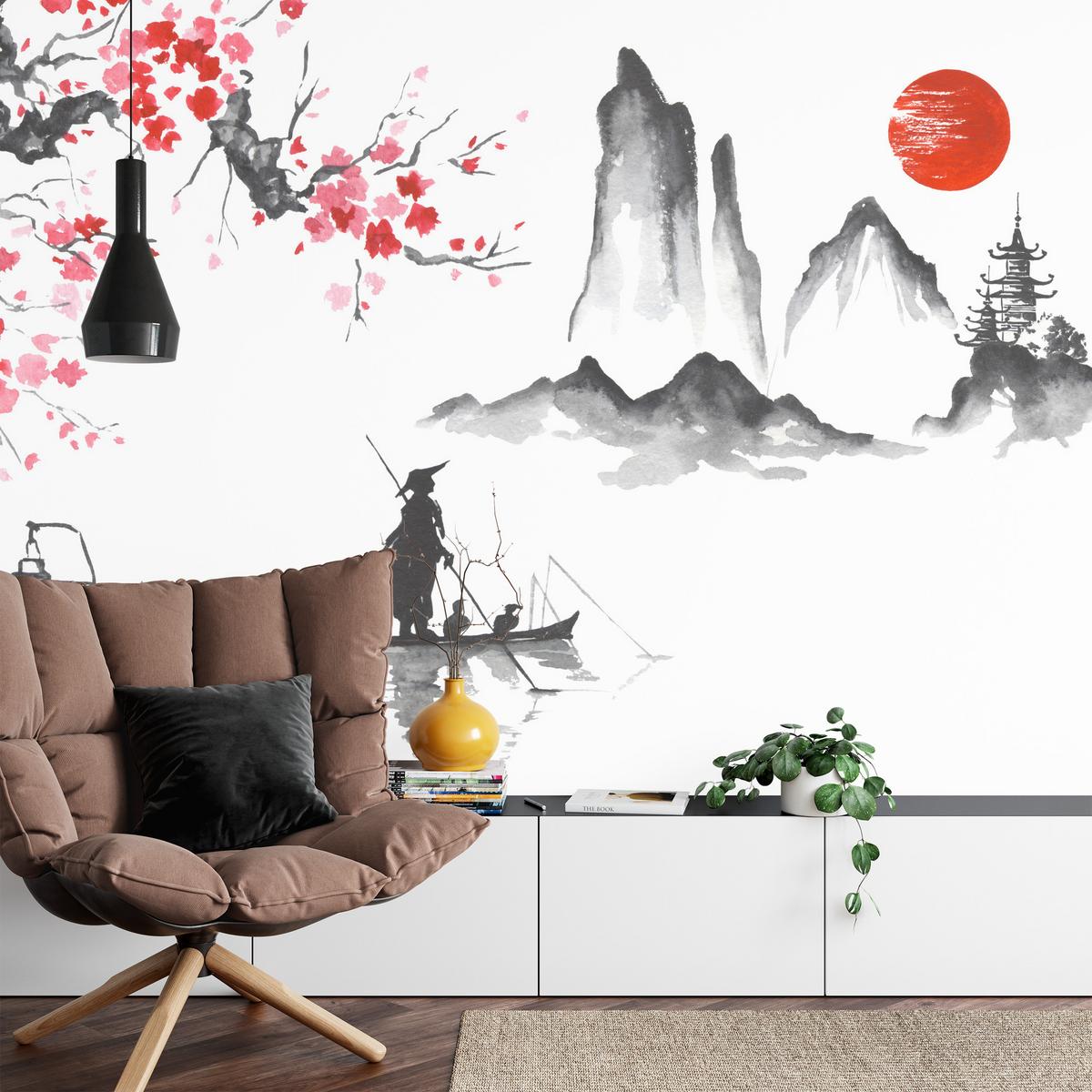 FOTOTAPETE Japanische Landschaft Aquarell 200x140 - Rot/Schwarz, Papier (200/140cm) - Muralo