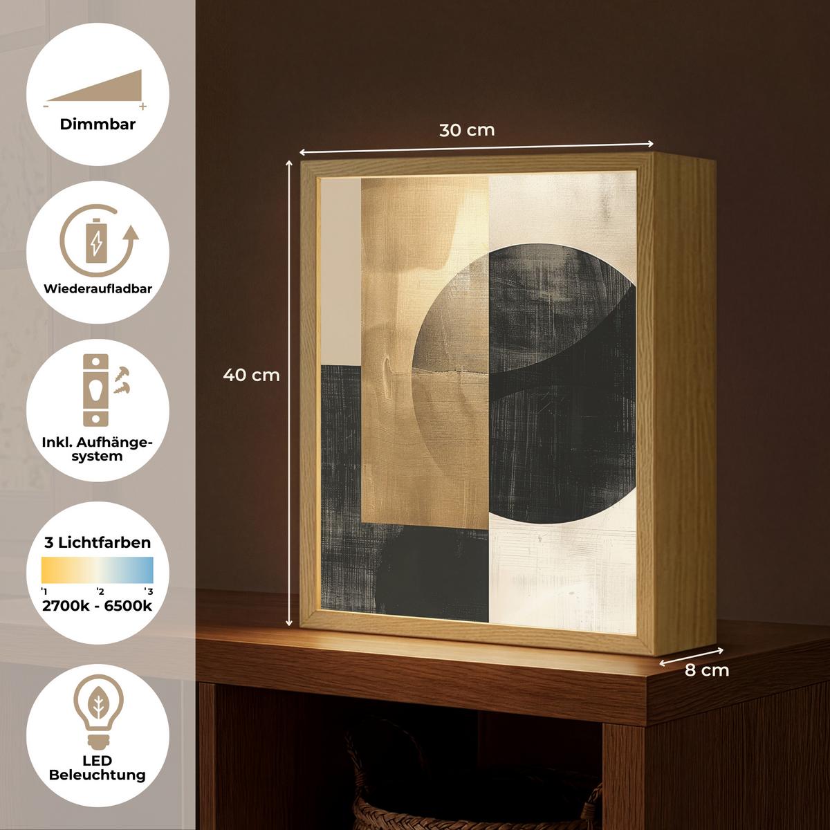 WANDLEUCHTE MIT AKKU Abstrakt - Modern - Schwarz - Gold 30x40 cm - Sandfarben, Holzwerkstoff (30/40/8cm) - OnlyWow