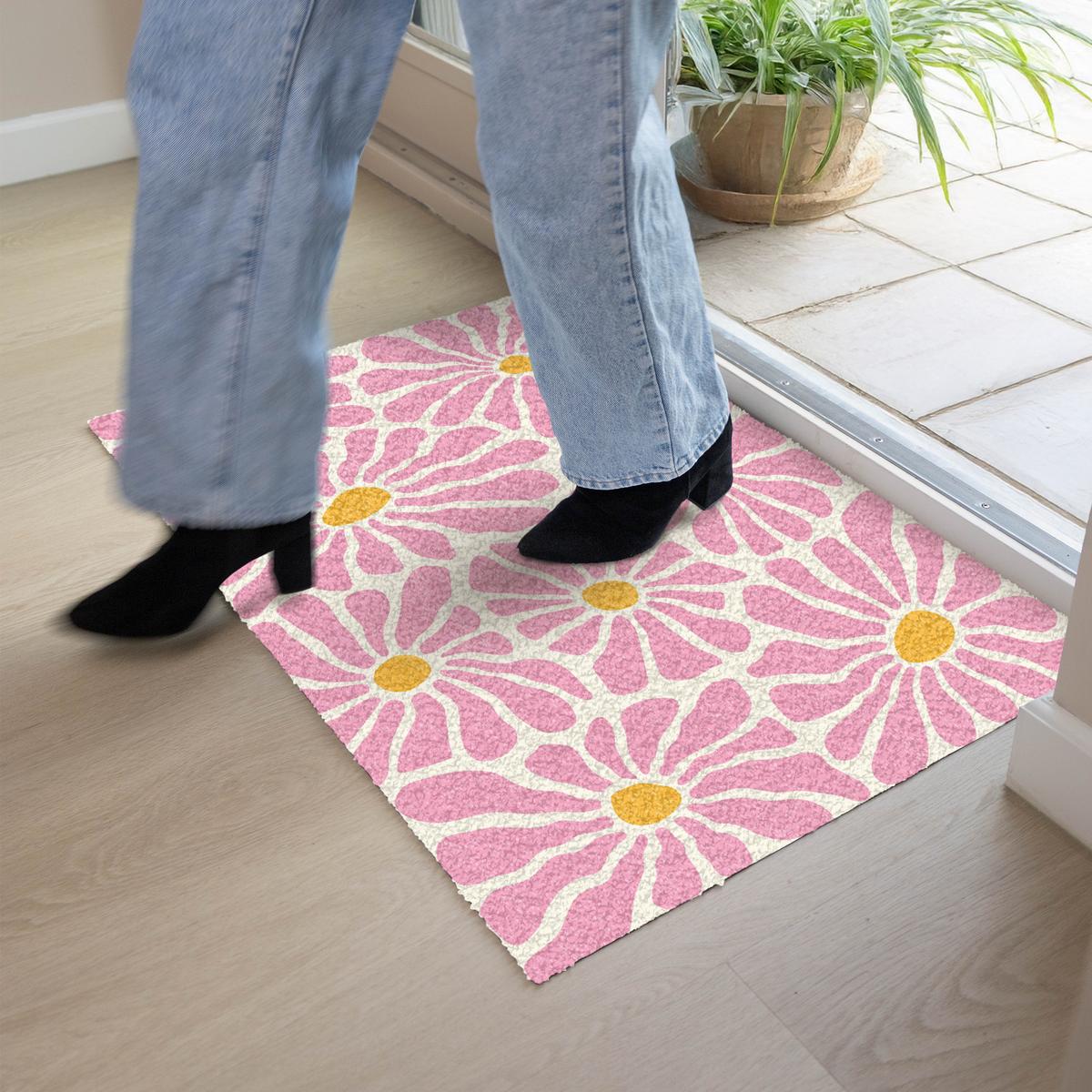 FUSSMATTE Blumen - Muster - Rosa - Beige - Orange Sauberlaufmatte 90x60 cm - Rosa, Kunststoff (90/0.4cm) - MuchoWow