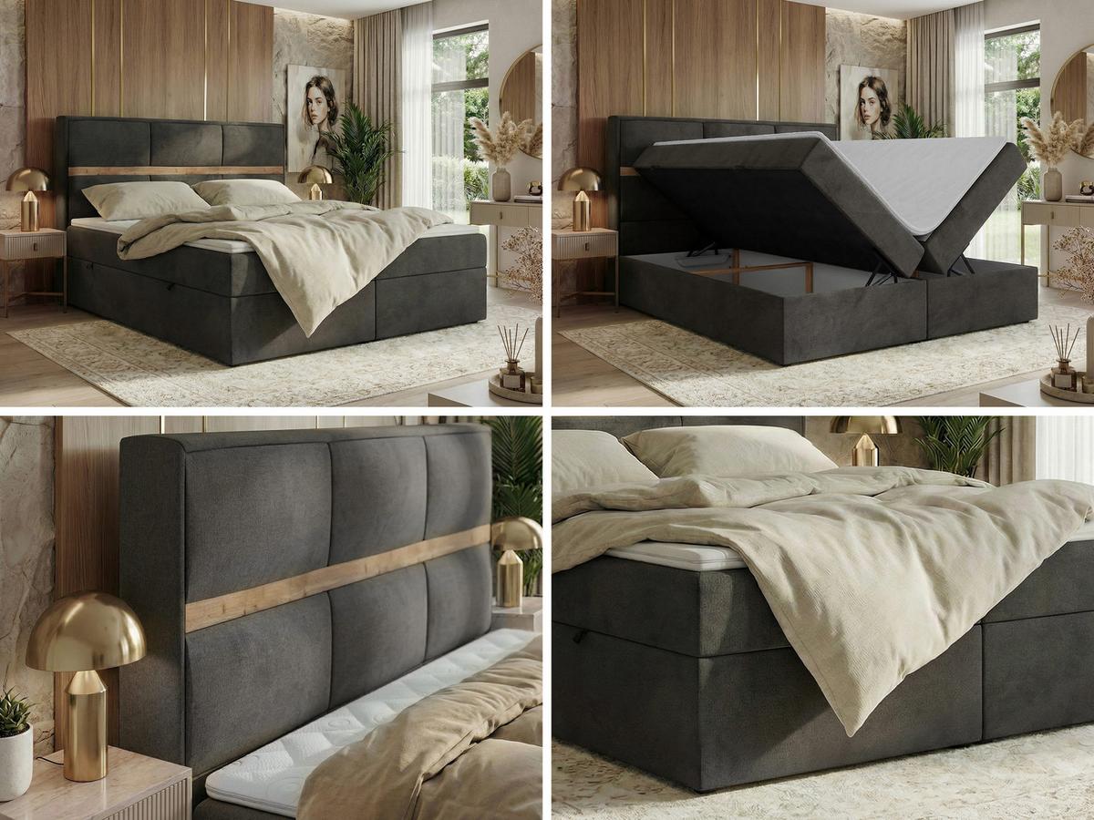 BOXSPRINGBETT ORVO 140/200 - Dunkelgrau Velvet - Topper T25 - H4 - Dunkelgrau/Schwarz, Kunststoff/Textil (140/200cm) - MKS