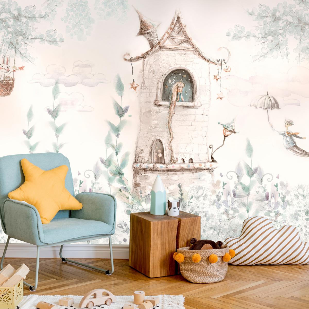FOTOTAPETE für Kinderzimmer Die Prinzessin im Turm Märchen Pflanzen 100x70 - Beige, Papier (100/70cm) - Muralo