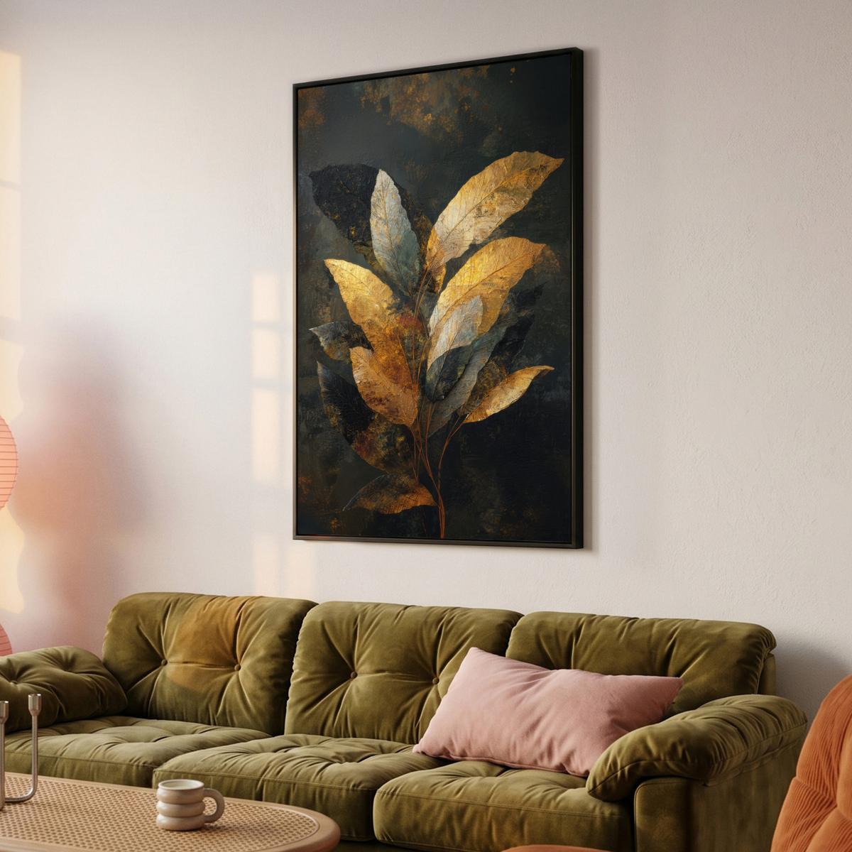 LEINWAND Bilder mit Rahmen - Golden Leaf Komposition - Botanical Luxury - 100x150 - Goldfarben, Textil (100/150cm) - MuchoWow