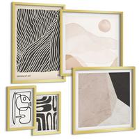 BILDER SET 5er Set - 50x50 cm & 20x30 cm & 40x60 cm Goldrahmen - Abstrakte Muster mit Linien - Goldfarben, Kunststoff (40/60cm) - TULUP