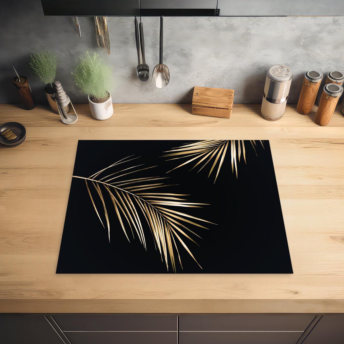 HERDABDECKPLATTE Blätter - Pflanzen - Gold - Schwarz - Luxus Herdabdeckung Induktionsfeld 65x52 cm - Goldfarben, Kunststoff (65/52/0.2cm) - MuchoWow