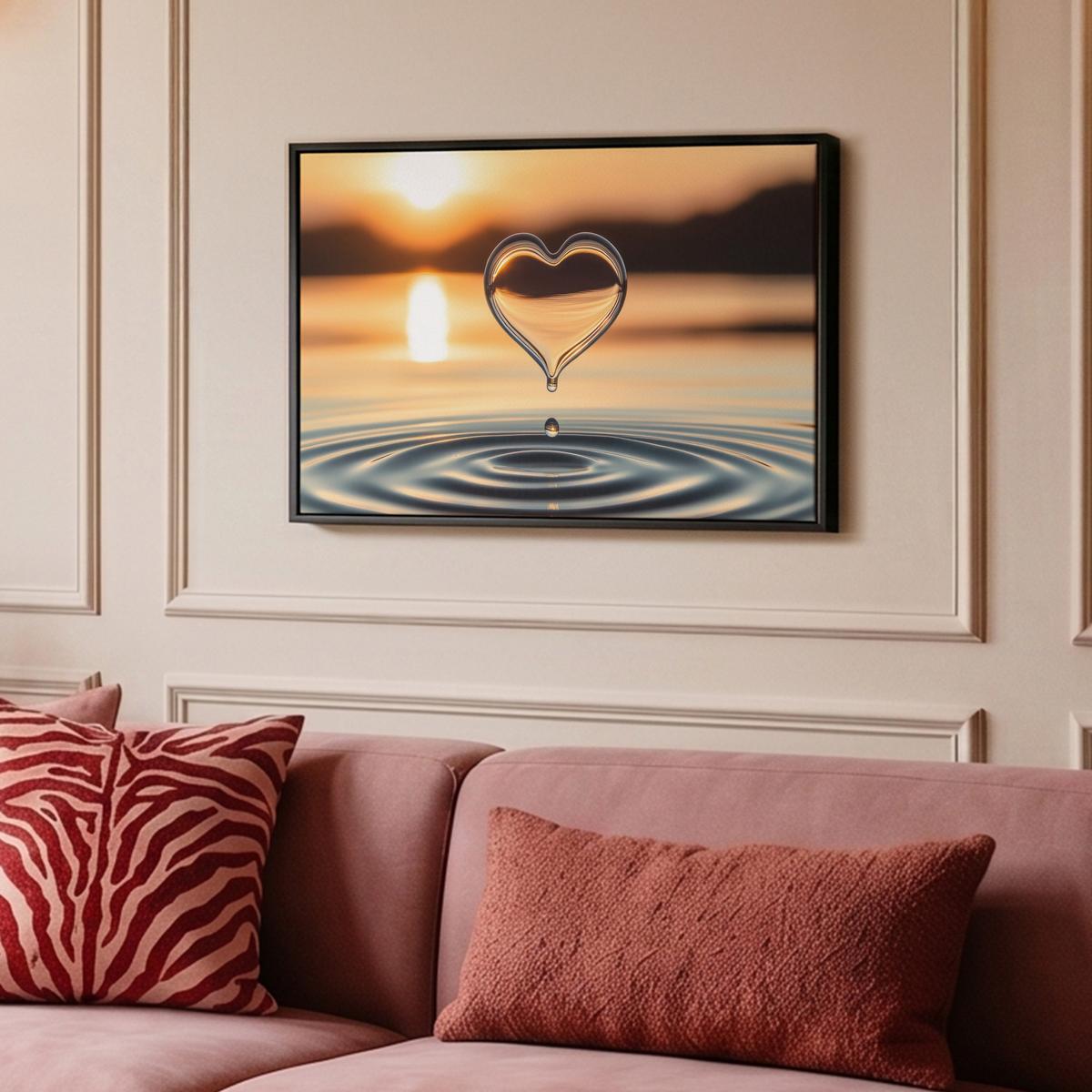 LEINWAND Bilder mit Rahmen - Herz - Wasser - Sonnenuntergang - Natur - Zen - 60x40 - Bernsteinfarben, Textil (60/40cm) - MuchoWow