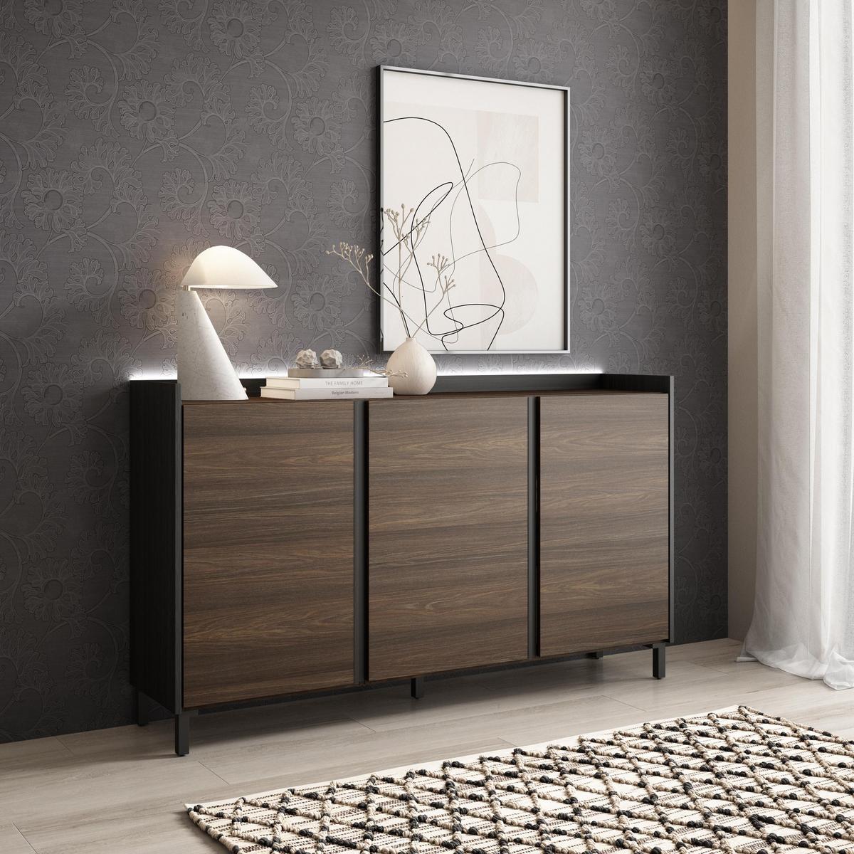 SIDEBOARD, Dunkler Eiche und Schwarz, 156/35/91cm, mit Beinen - Dunkelbraun, Holzwerkstoff (156/91/35cm) - Skraut Home