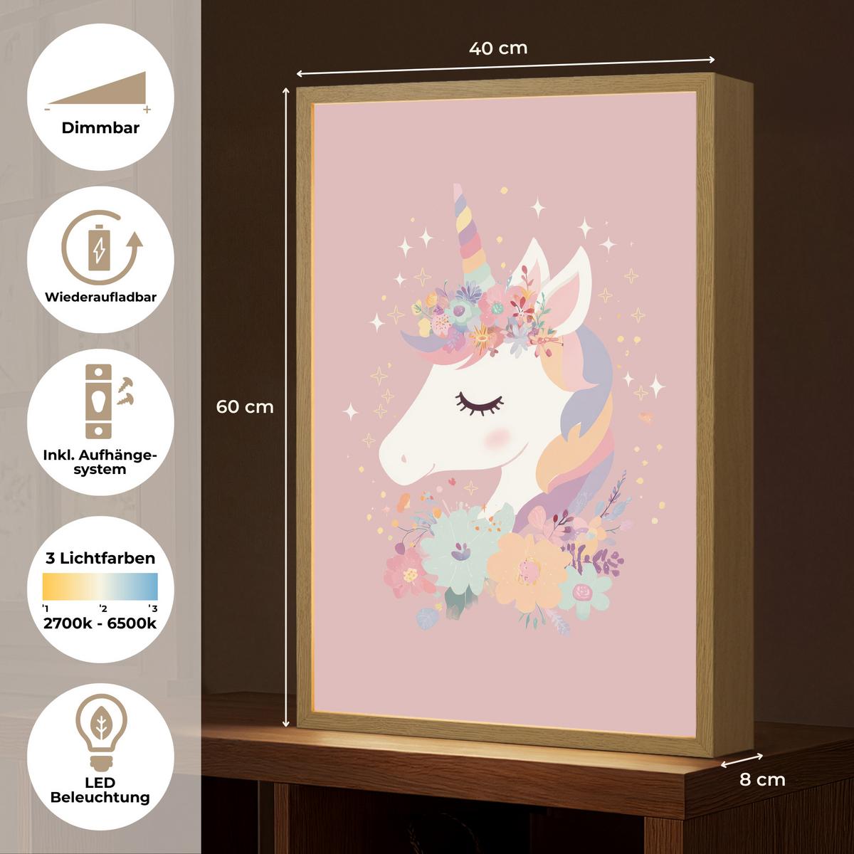 WANDLEUCHTE MIT AKKU Einhorn - Rosa - Blumen 40x60 cm - Rosa, Holzwerkstoff (40/60/8cm) - OnlyWow