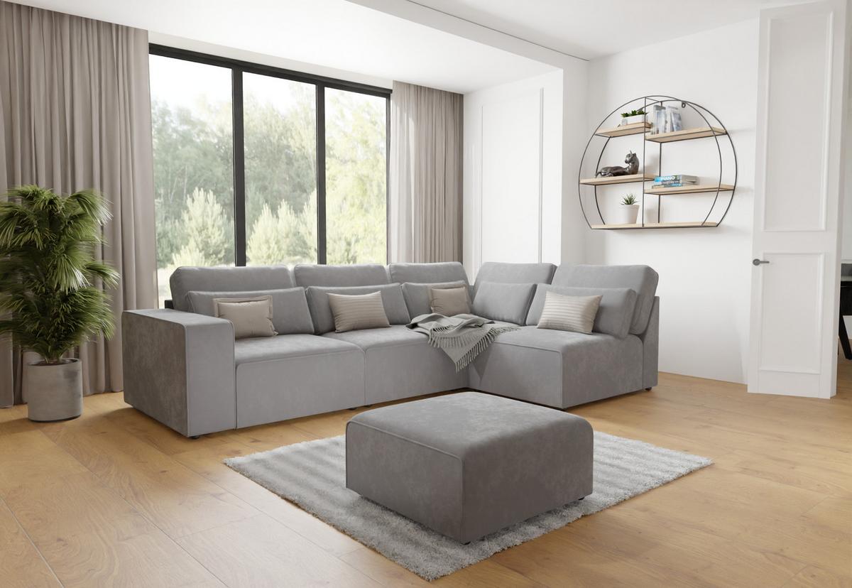 ECKSOFA modularer Leox Hellgrau Samt-Stoff - Hellgrau/Schwarz, Kunststoff/Textil (305/281cm) - S-Style