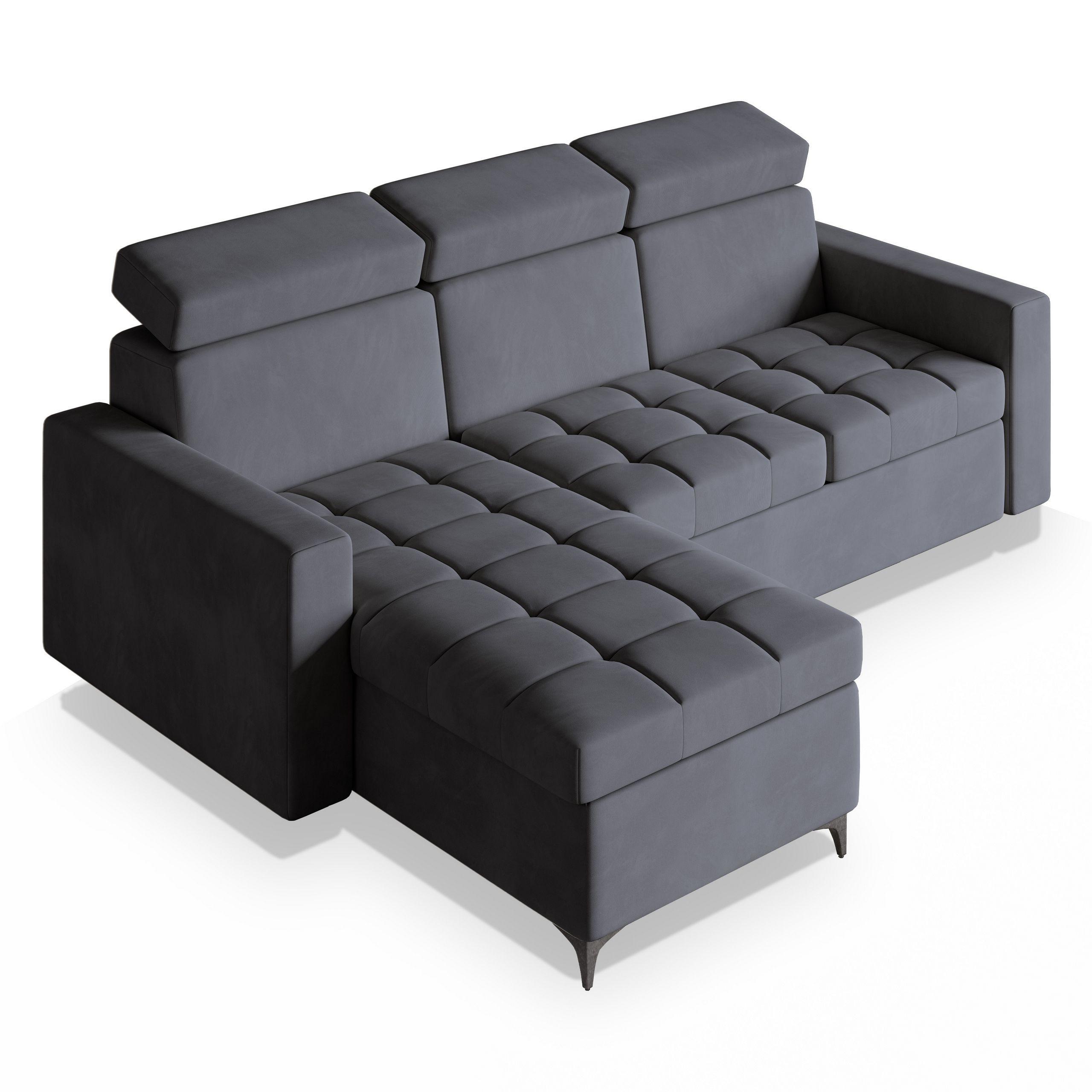 ECKSOFA KAME Grau Plüsch-Stoff mit Schlaffunktion - Schwarz/Grau, Holz/Textil (227/168cm) - MASSENO