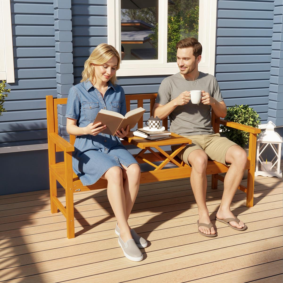 GARTENBANK 3-Sitzer, Sitzbank mit Tisch, Parkbank mit Armlehne Hellbraun - Braun, Holz (56/91/153cm) - Outsunny