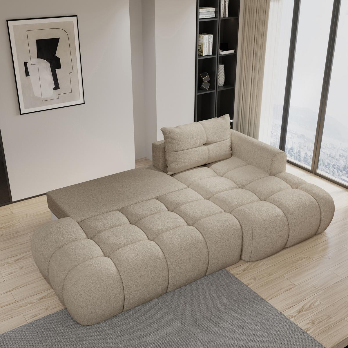 ECKSOFA FLUMA R-S Beige Boucle-Stoff mit Schlaffunktion - Beige, Holz (279/158cm) - MASSENO