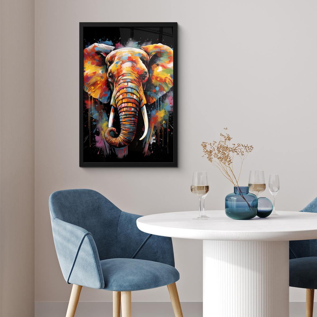 POSTER MIT RAHMEN Elefant - Graffiti - Schwarz - Tiere - Farben Bilder mit Rahmen 40x60 cm - Schwarz, Papier (40/60cm) - MuchoWow