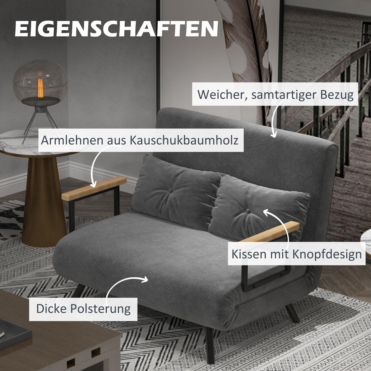 SCHLAFSOFA, Zweisitzer mit Bettfunktion, Schlafcouch mit Samtoptik, Rückenkissen - Dunkelgrau/Schwarz, Holz/Textil (73/81/102cm) - HOMCOM