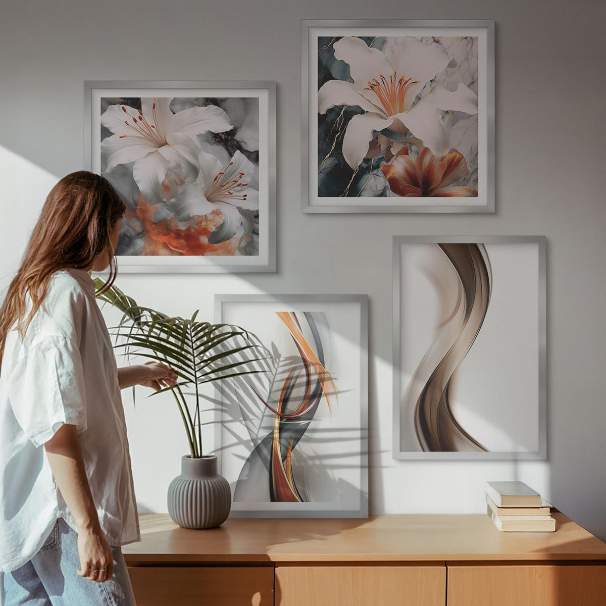 BILDER SET 4er Set - 50x50 cm & 40x60 cm Silberner Rahmen - Gelbgrau-braune Wellen - Silberfarben, Kunststoff (50/50cm) - TULUP