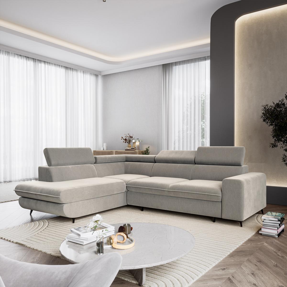 ECKSOFA VELISS Hellgrau Veloursstoff mit Schlaffunktion - Hellgrau, Holz (255/193cm) - MASSENO
