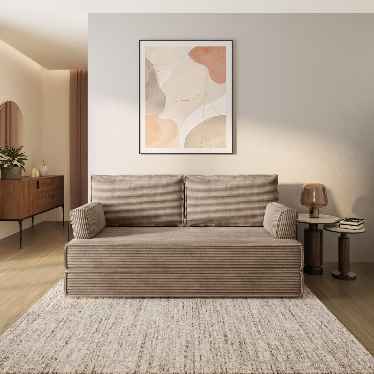 BETTSOFA SILAR aus Schaumstoff Kordstoff Beige Schlaffunktion - Beige, Textil (170/86/80cm) - MASSENO