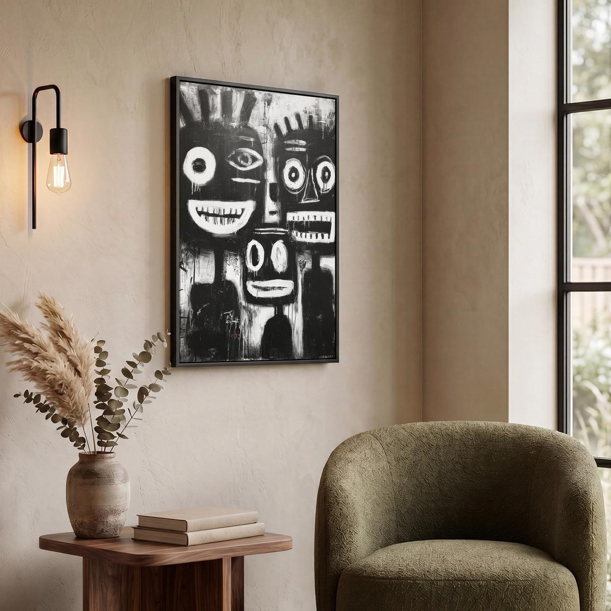 LEINWAND Bilder mit Rahmen - Malerei - Figuren - Schwarz - Abstrakt - 60x80 - Schwarz, Textil (60/80cm) - MuchoWow
