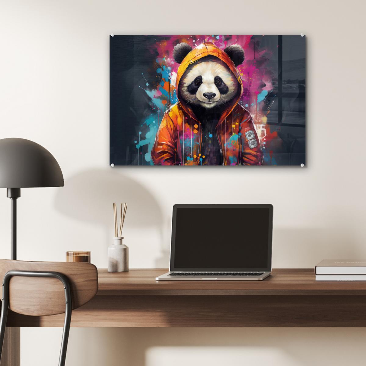 ACRYLGLASBILD Panda - Jacke - Graffiti - Orange Wanddeko 60x40 cm - Orange, Glas (60/40cm) - MuchoWow