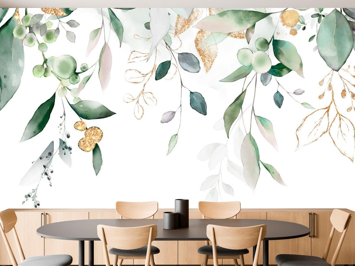 FOTOTAPETE für Schlafzimmer Aquarell Blätter Eukalyptus Weiß 500x350 - Gelb/Weiß, Papier (500/350cm) - Muralo