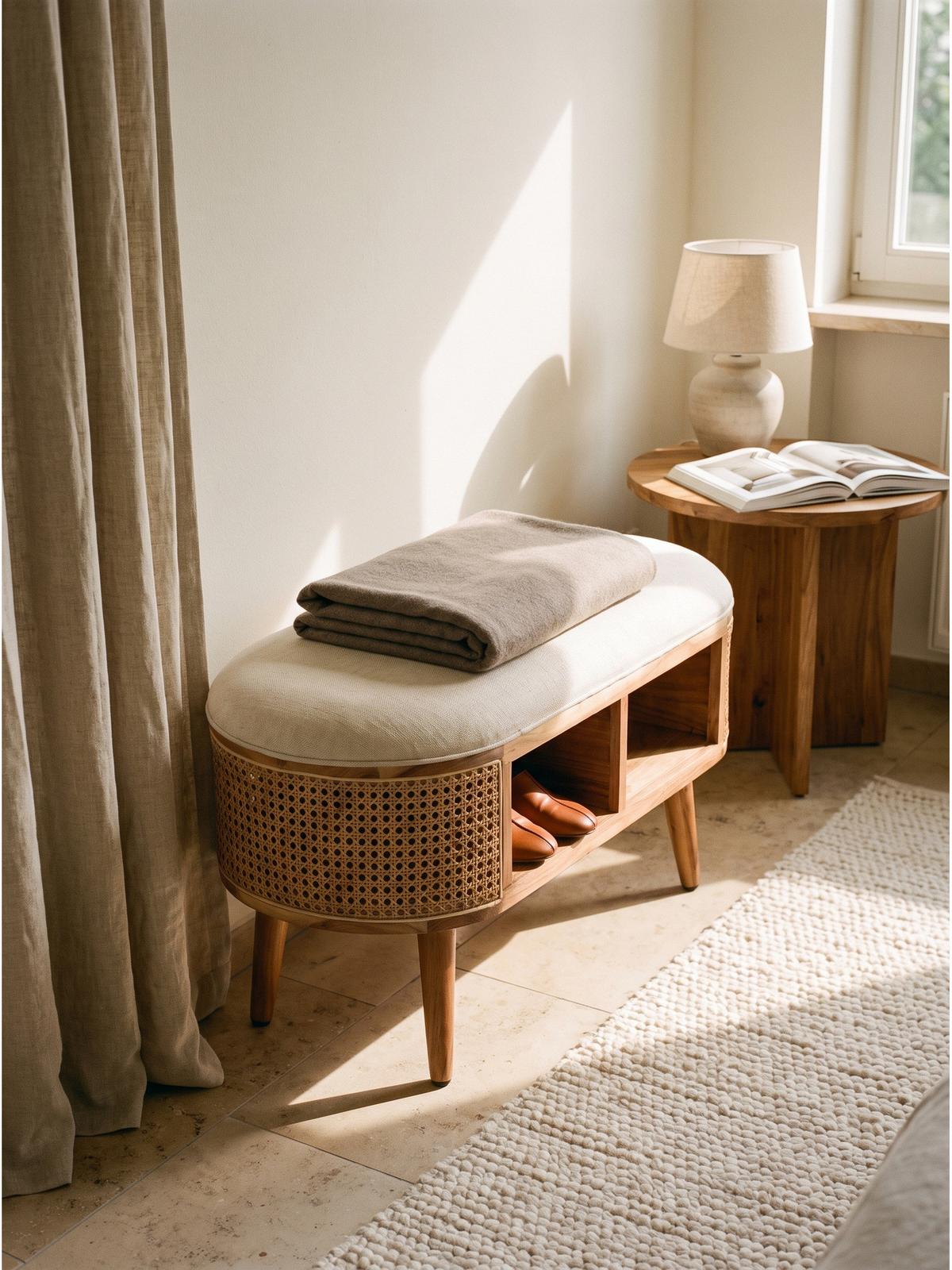 SITZBANK ASCOLI, Jutestoff, Akazie-Weiß, 90 x 45 x 45 cm - Hellbraun/Creme, Akazienholz/Holz (90/45/45cm) - KADIMA DESIGN