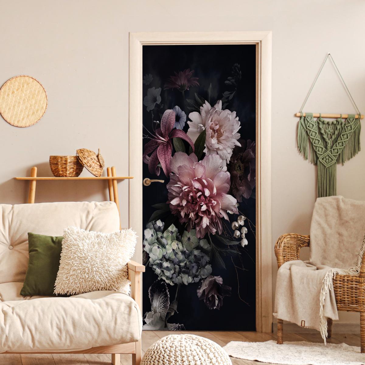 TÜRAUFKLEBER Selbstklebend - Blumen - Vintage - Pastell - Rosa - Weiß 85x205 cm - Türtapete - Altrosa, Kunststoff (85/205cm) - MuchoWow
