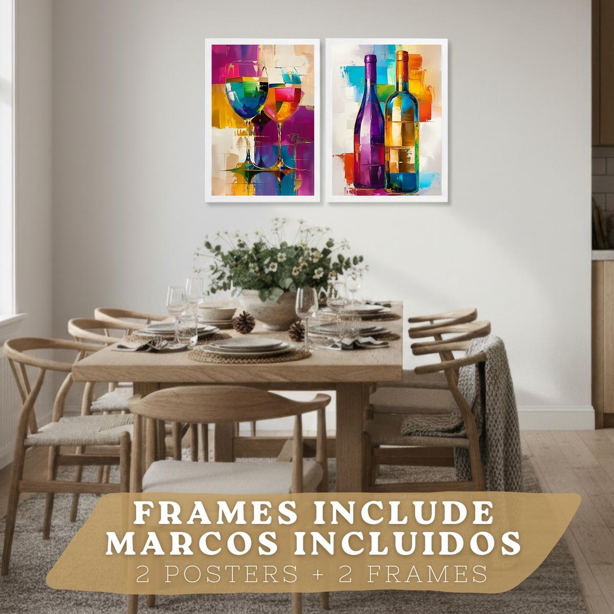 POSTER 2er Set Küchen-Wandbilder Weingläser und Flaschen Pop Art Bunt Abstrakt Esszimmer Wanddeko Weißer Rahmen A4 - Weiß, Papier (29.7/1/21cm) - Nacnic