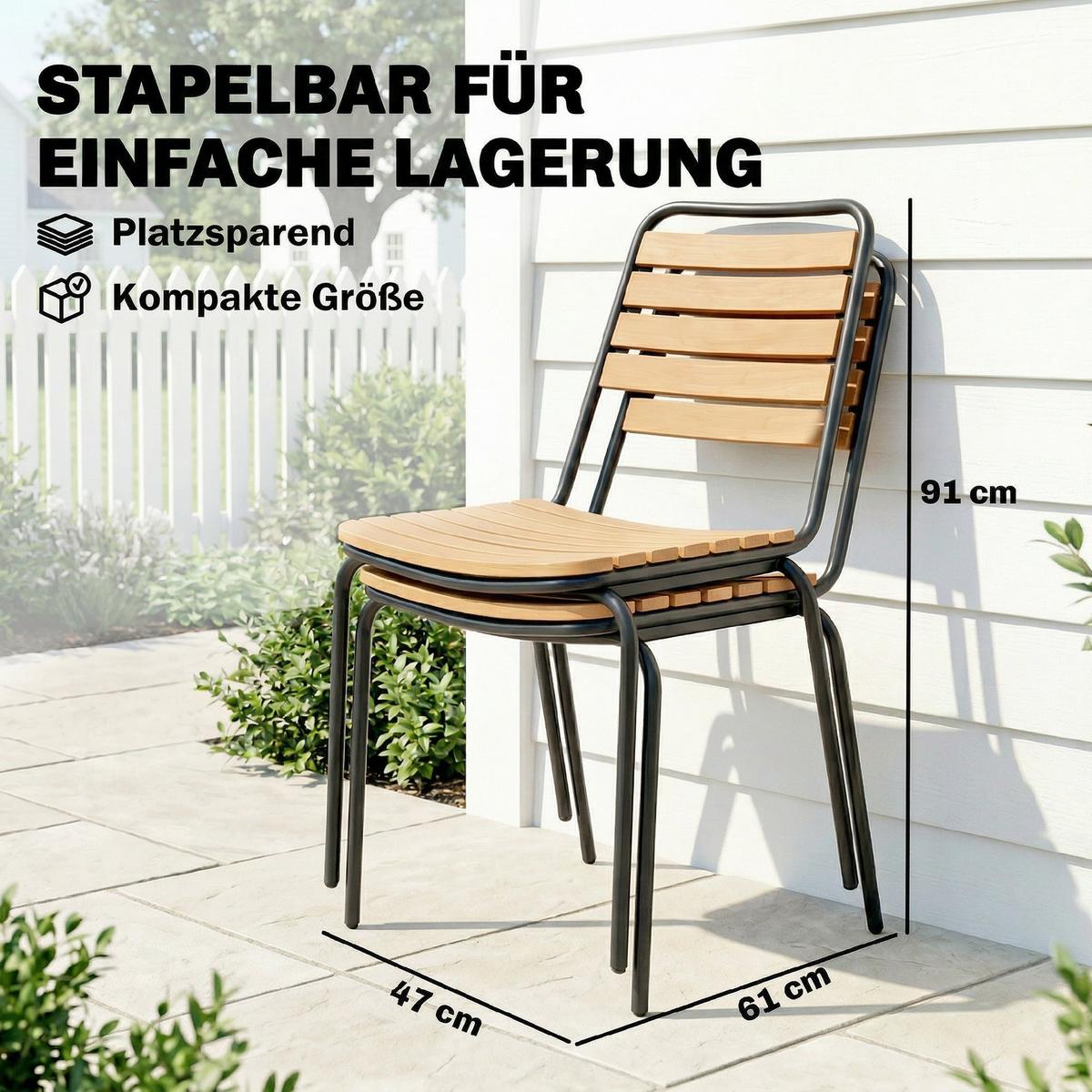 STAPELSTUHL 2er Set Stahl Eukalyptusholz Natur - Eukalyptusholzfarben/Schwarz, Metall (47/81/61cm) - Outsunny