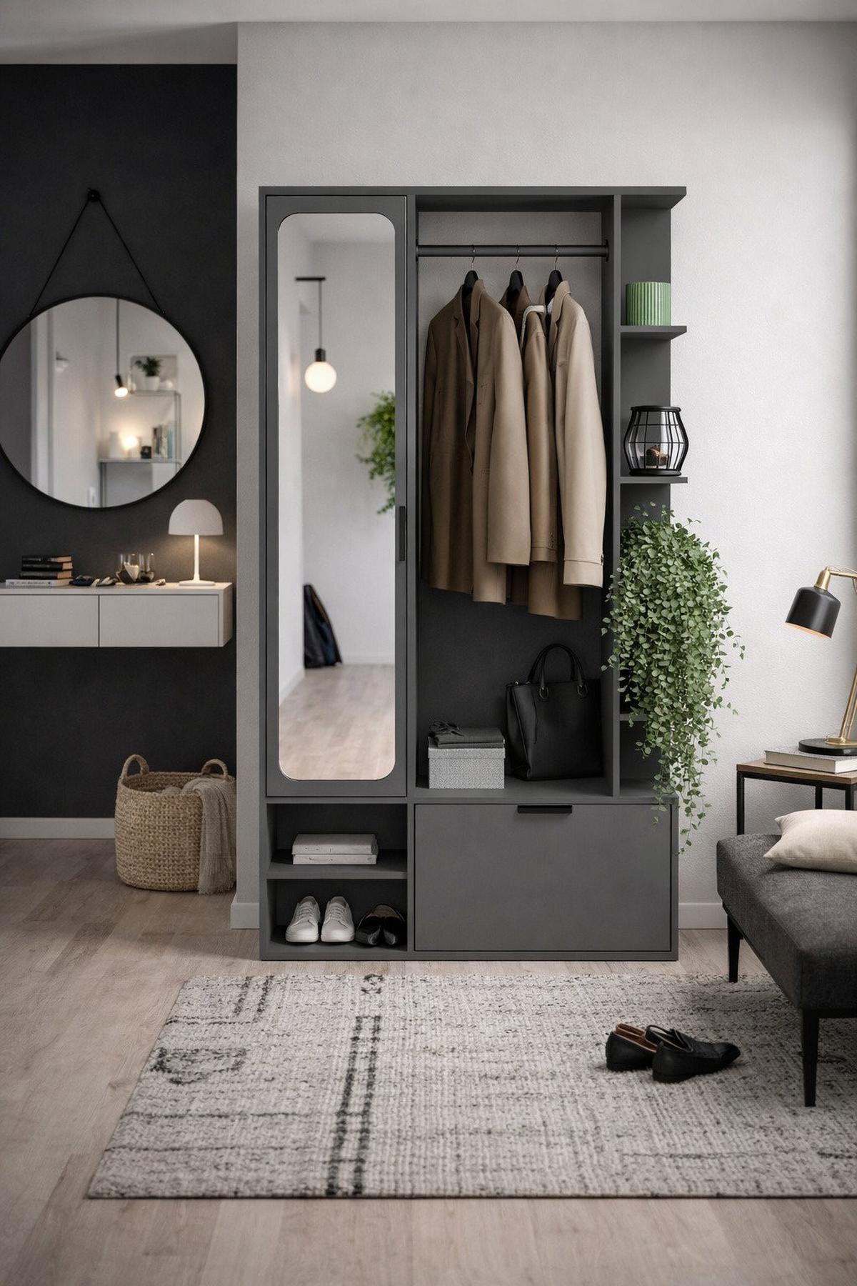 GARDEROBE Mela mit Spiegel, Sitzbank & Kleiderstange – 100/189/33 cm – Grau - Schwarz/Grau, Holzwerkstoff/Metall (100/189.4/33cm) - WFL GROUP