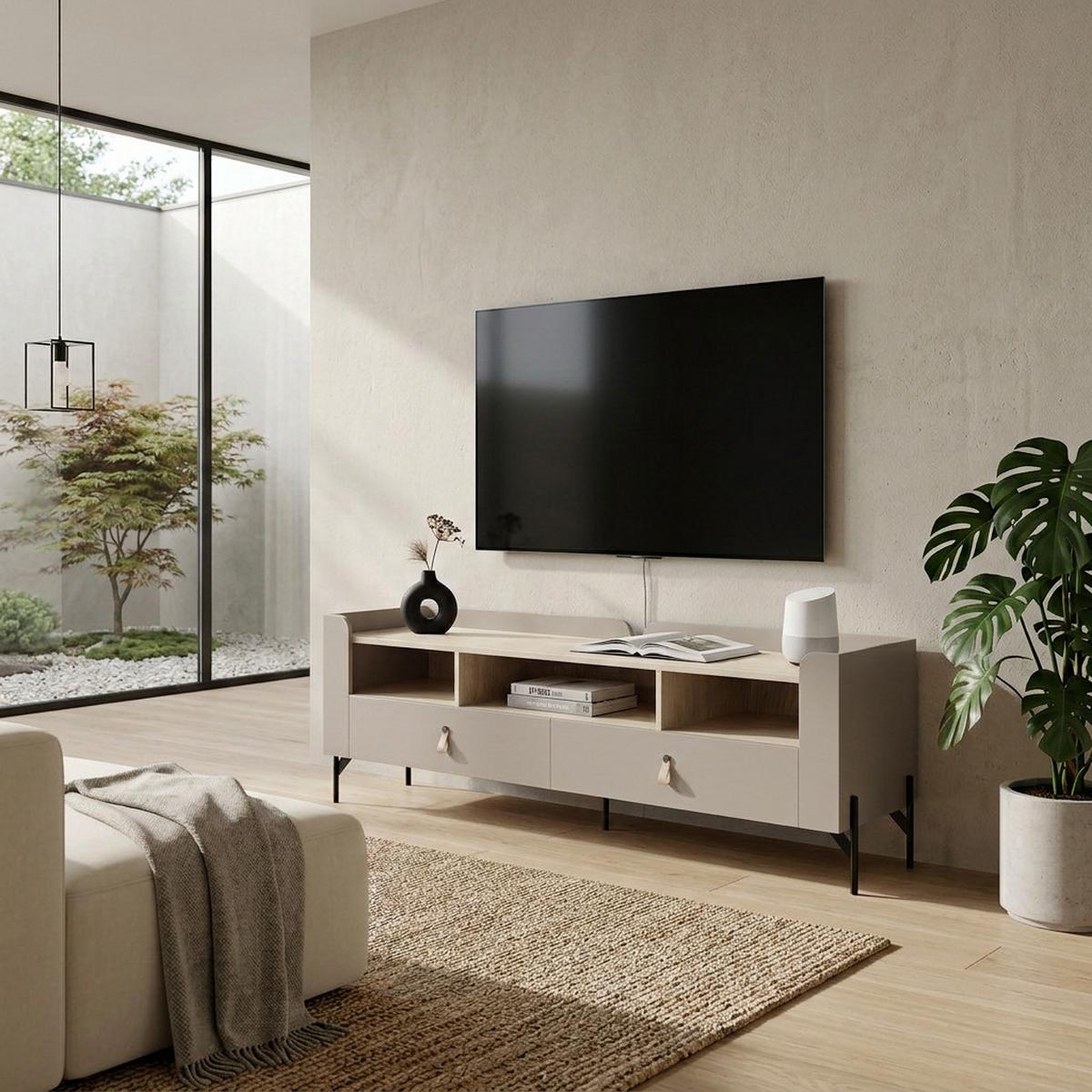 LOWBOARD Sorella mit 2 Schubladen 160 cm, für Jugendzimmer, Porcini + Eiche Mavelie - Eichefarben/Cappuccino, Leder/Holzwerkstoff (160/55/42cm) - Beautysofa