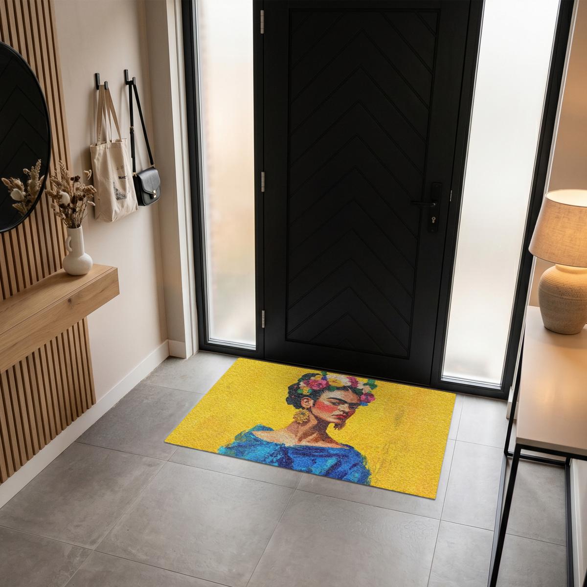 FUSSMATTE Frida Kahlo - Frau - Gelb - Blau - Blumen Schmutzfangmatte 120x80 cm - Gelb, Kunststoff (120/0.4cm) - MuchoWow
