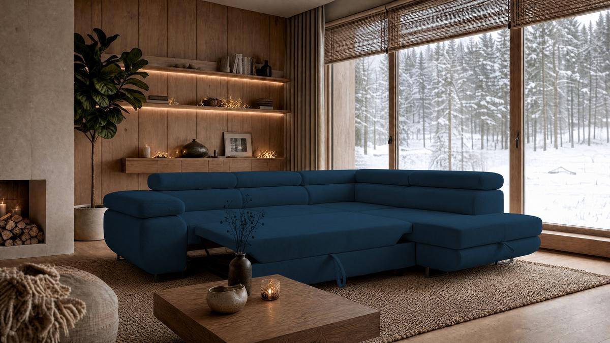ECKSOFA Velmo mit Bettkasten und Schlaffunktion, verstellbaren Kopfstützen, in L-Form - Blau, Textil (275/203cm)