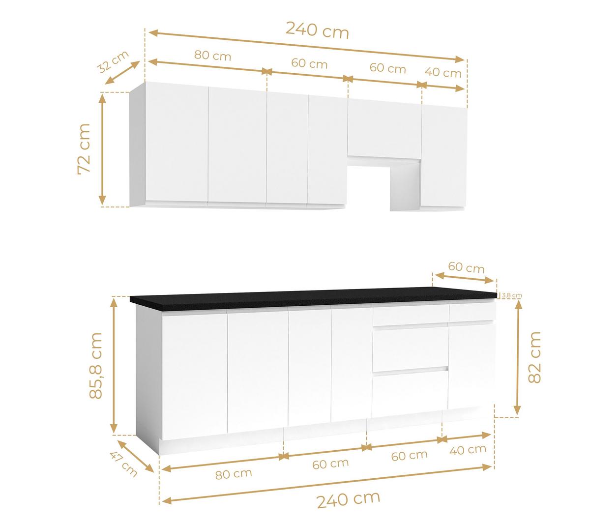 KÜCHENLEERBLOCK Aquileia 240 cm Weiß Matt mit Arbeitsplatte Vulkanisch Schwarz - Schwarz/Weiß, Holzwerkstoff (240/157.8/60cm) - AX Living
