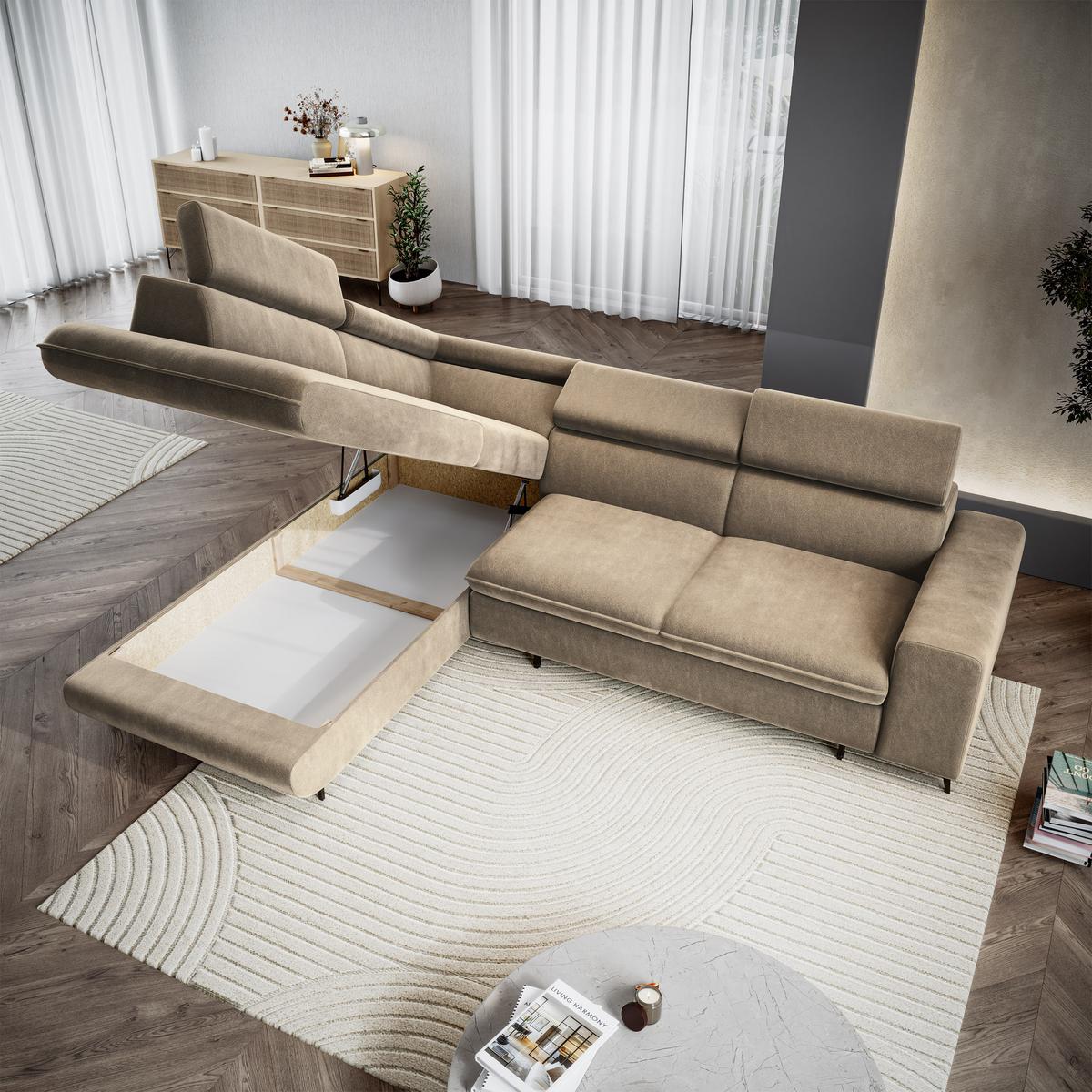ECKSOFA VELISS Beige Veloursstoff mit Schlaffunktion - Beige, Holz (255/193cm) - MASSENO