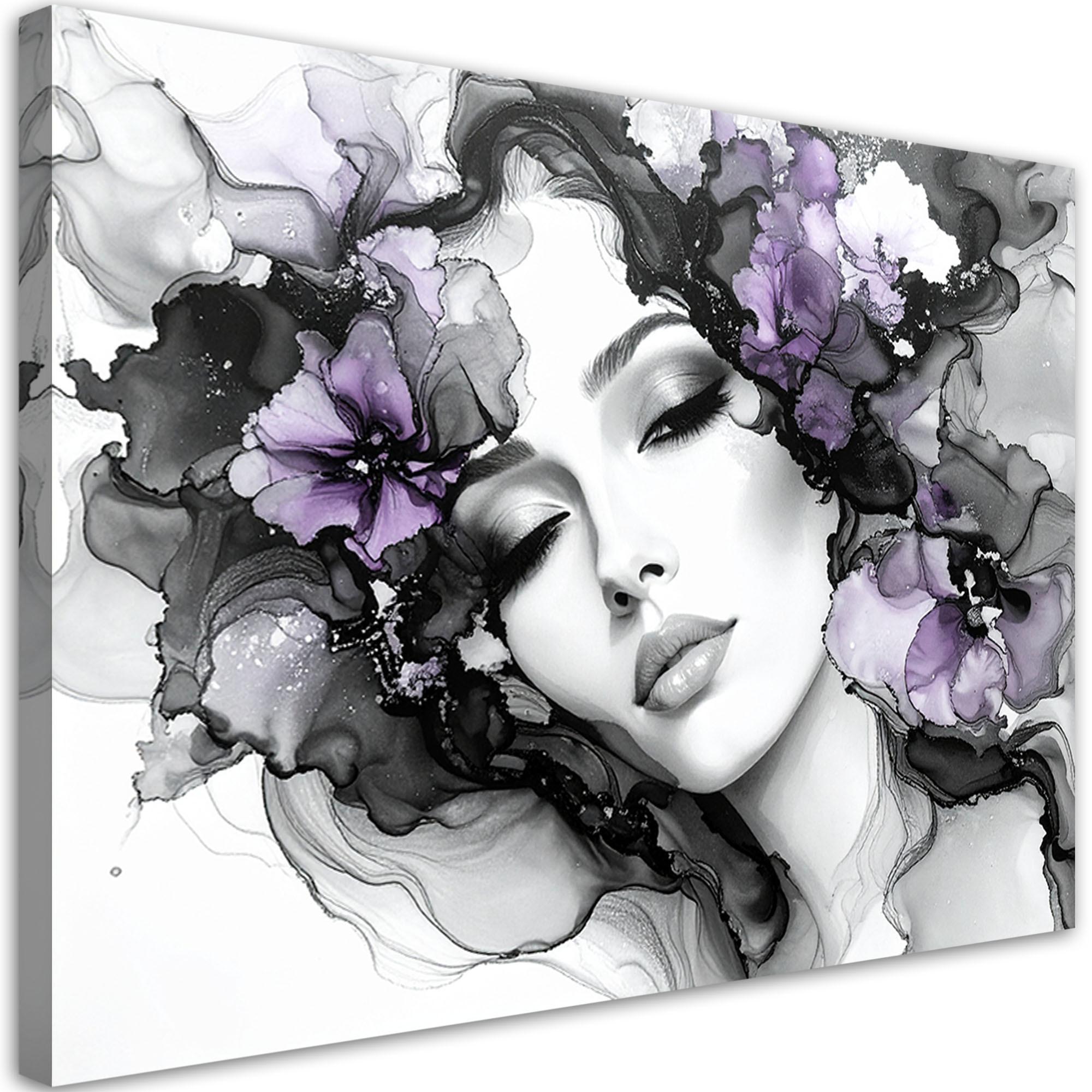 LEINWANDBILD Frau mit violetten Blumen auf dem Kopf 120x80cm - Grau, Textil (120/80cm) - Feeby