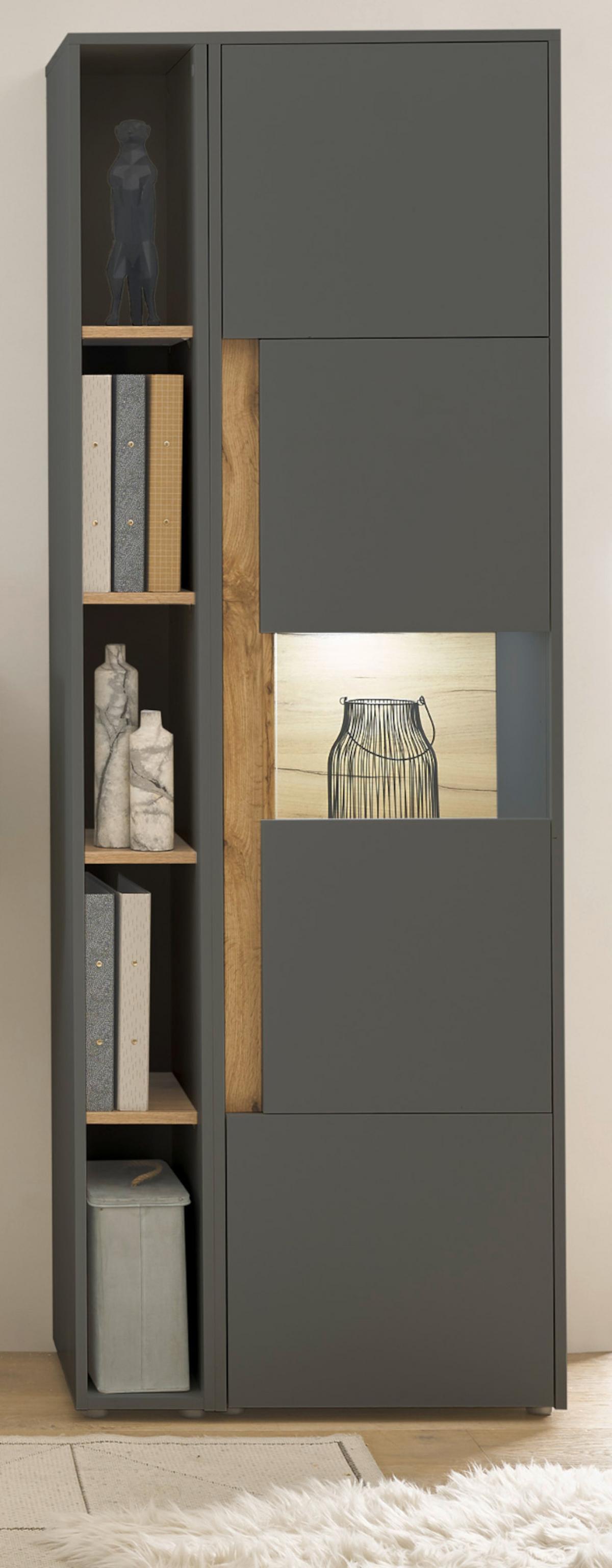 AKTENSCHRANK Set 2-teilig Grau, Eiche Wotan, Regal-Vitrine-Kombination mit 5 Ordnerhöhen - Eichefarben/Eiche Wotan, Holz/Holzwerkstoff (70/200/40cm) - Furn.Design