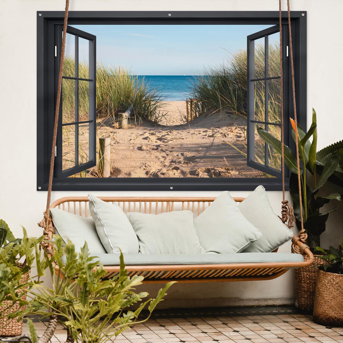 GARTENPOSTER Durchblick - Strand - Meer - Sand - Wasser - Strandhafer - Dünen Poster für draußen 180x120 cm - Sandfarben, Kunststoff (180/120/0.2cm) - OnlyWow