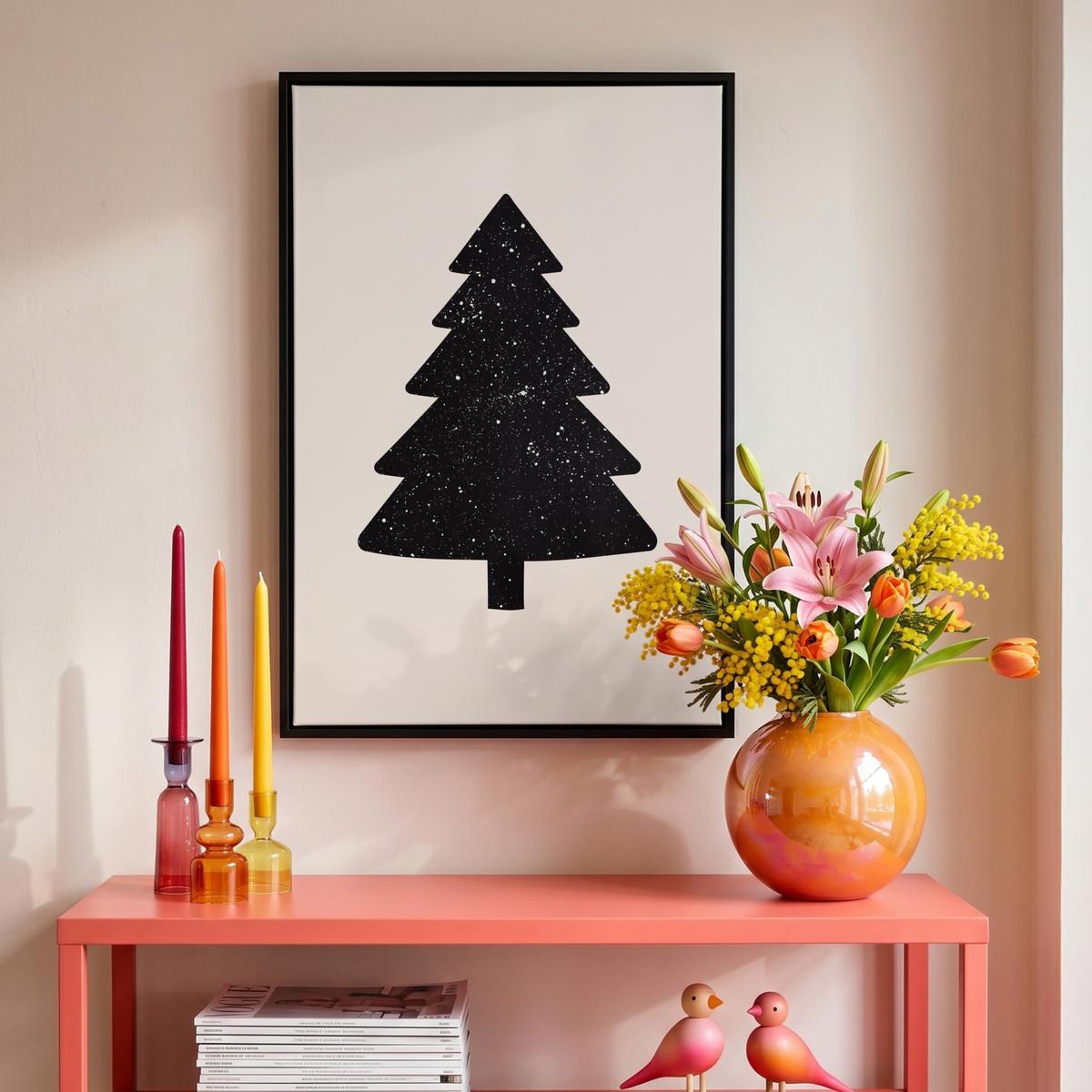 LEINWAND Bilder mit Rahmen - Weihnachtsbaum - Schwarz - Urlaub - Beige - 40x60 - Schwarz, Textil (40/60cm) - MuchoWow
