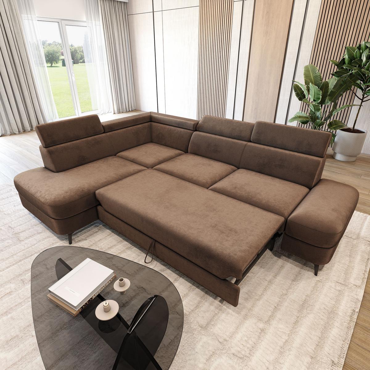 ECKSOFA AVISE M L-S Beige Velours-Stoff mit Schlaffunktion - Beige, Holzwerkstoff/Textil (268/195cm) - MASSENO