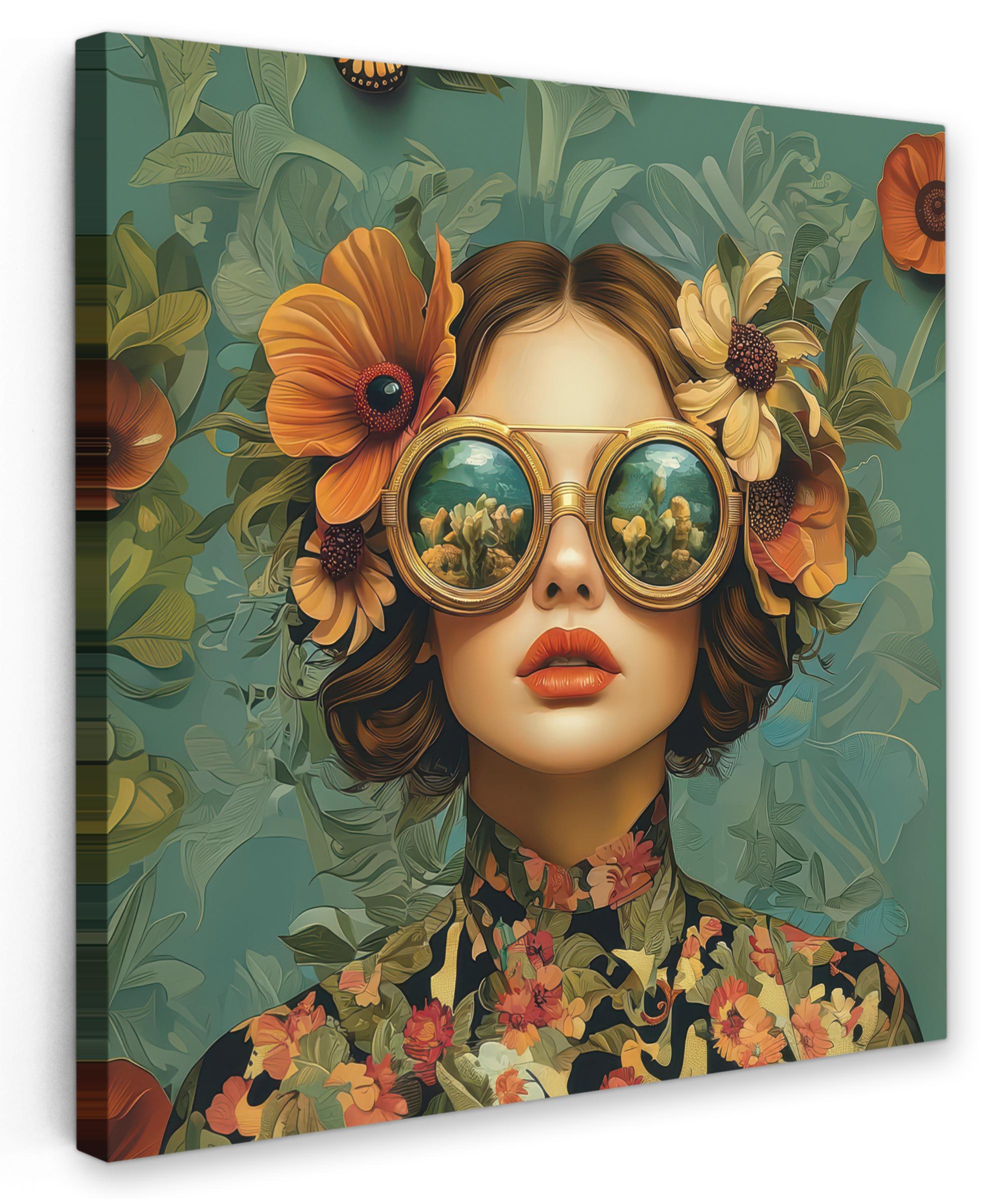 LEINWANDBILD Frau - Blumen - Schmetterlinge - Natur - Vintage Deko Groß 90x90 cm - Salbeigrün, Textil (90/90cm) - MuchoWow