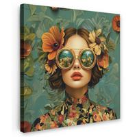 LEINWANDBILD Frau - Blumen - Schmetterlinge - Natur - Vintage Deko Wohnzimmer 20x20 cm - Salbeigrün, Textil (20/20cm) - MuchoWow