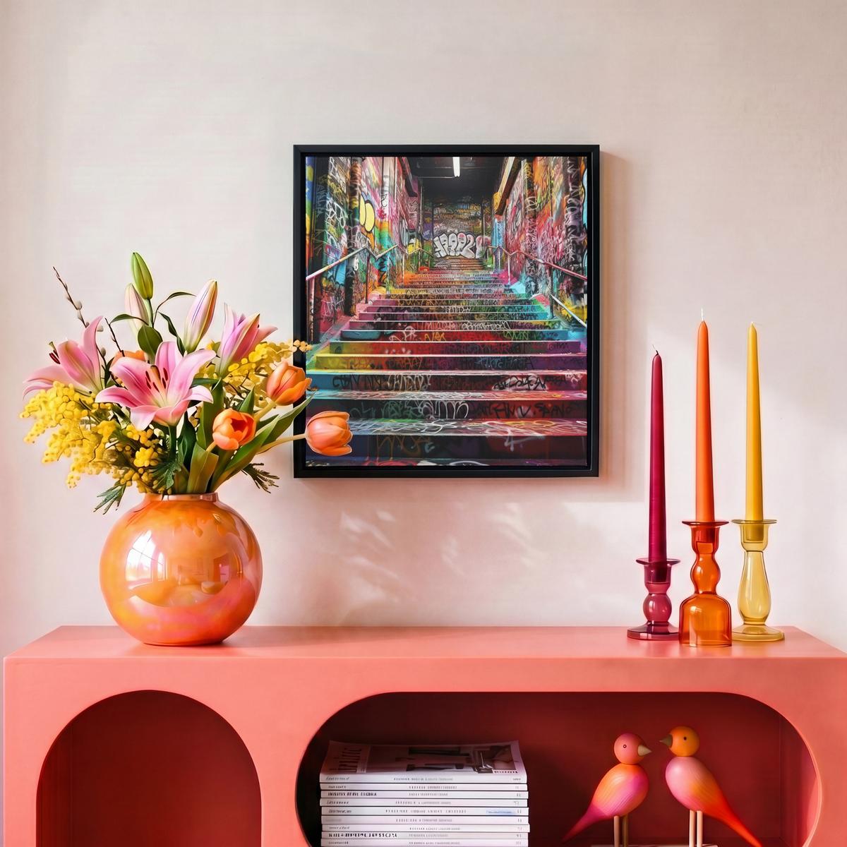 LEINWAND Bilder mit Rahmen - Treppe - Graffiti - Farben - Kunst - 20x20 - Multicolor, Textil (20/20cm) - MuchoWow